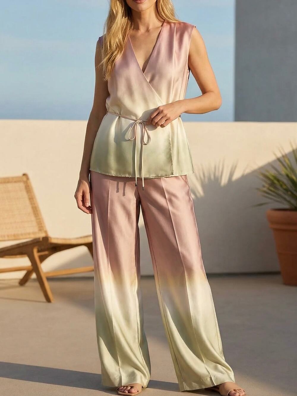 Zara Pink Green Gradient Satin Wrap Top & Wide Leg Trouser Pant Co-Ord Set M